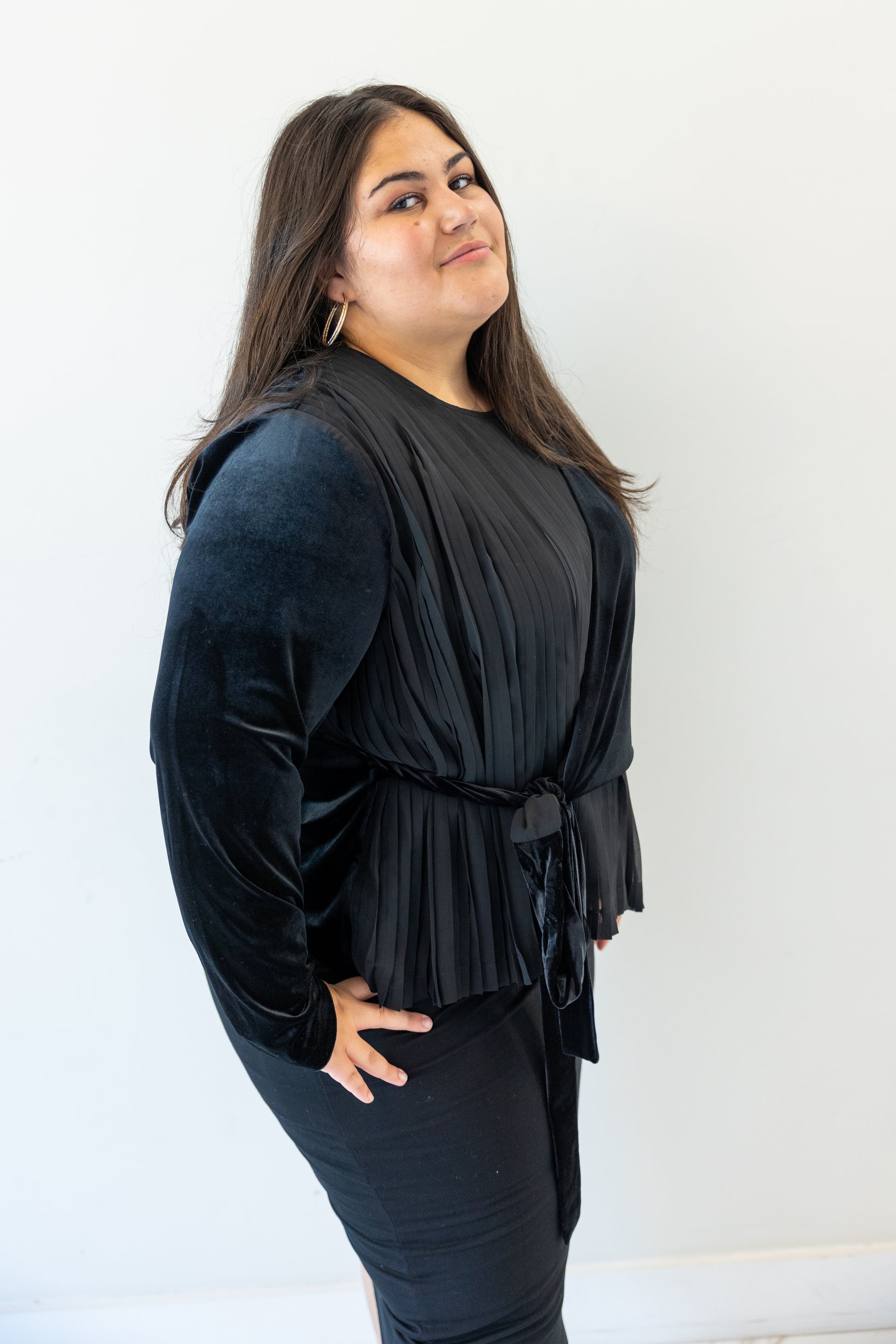 plus size, modest Velvet Pleated Blouse