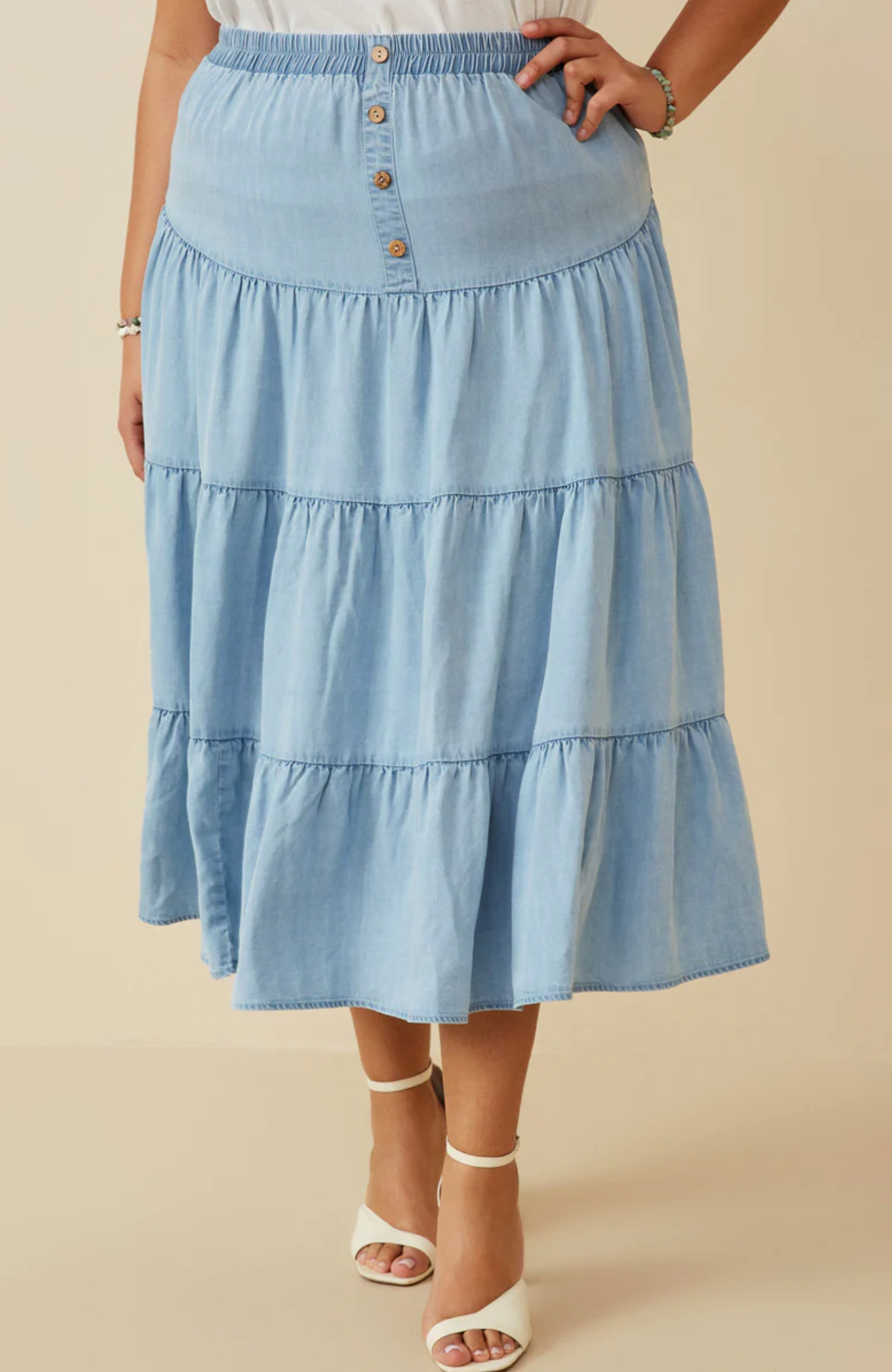 Tiered Button Front Tencel Skirt