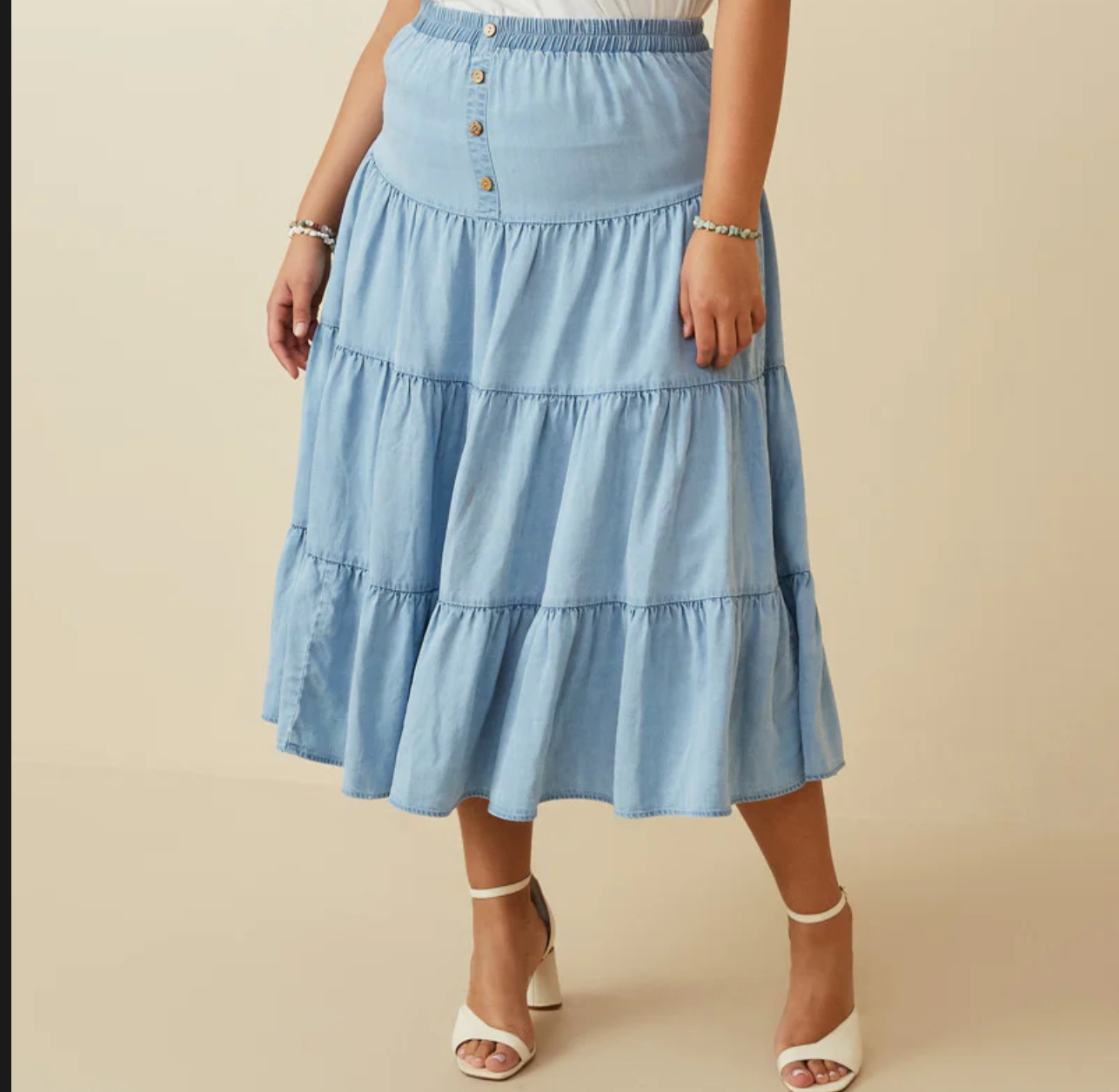 Tiered Button Front Tencel Skirt