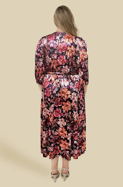 Floral Surplice Belted Velvet Dress