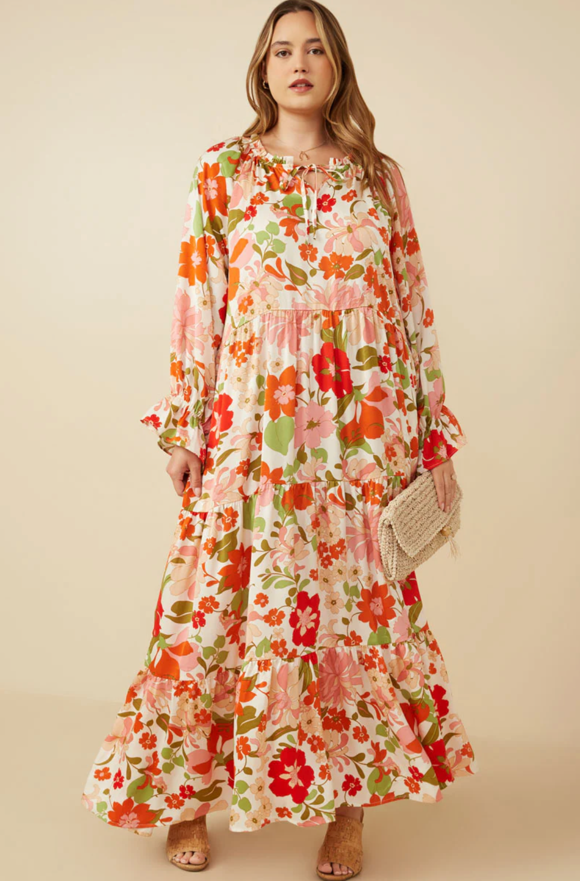 Satin Floral Tie Neck Tiered Maxi Dress