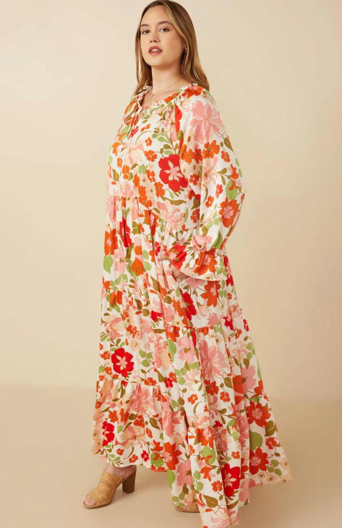 Satin Floral Tie Neck Tiered Maxi Dress