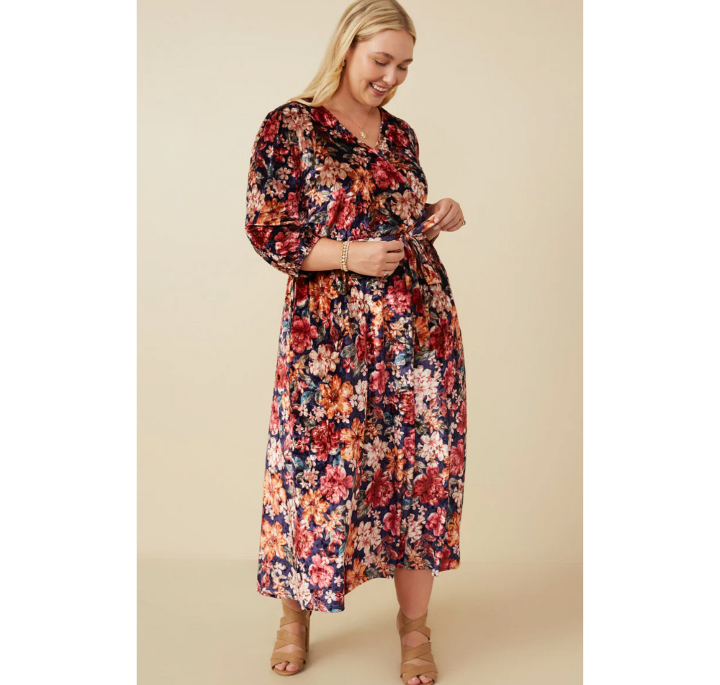 Floral Surplice Belted Velvet Dress