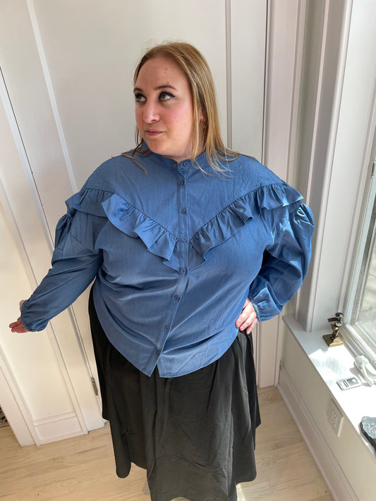 plus size, modest denim ruffle top